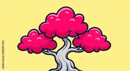 Stylized Pink Tree with Fluffy Clouds on Yellow Background.