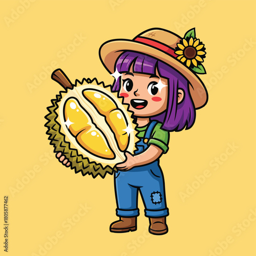 A cute cartoon girl farmer holding a large, open durian fruit with vibrant yellow flesh.