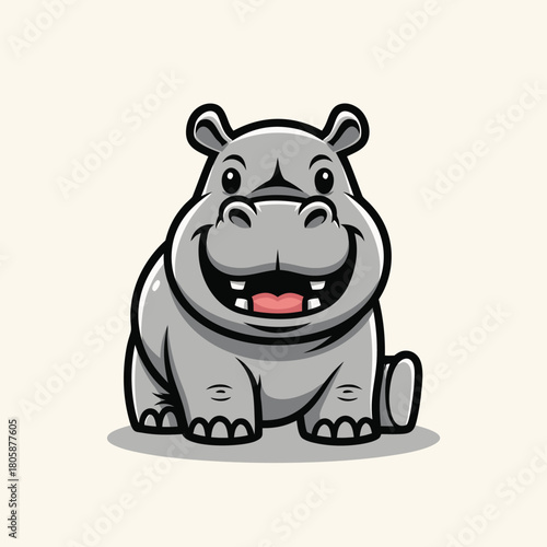 Cute cartoon baby hippopotamus sitting and smiling happily with its mouth open.