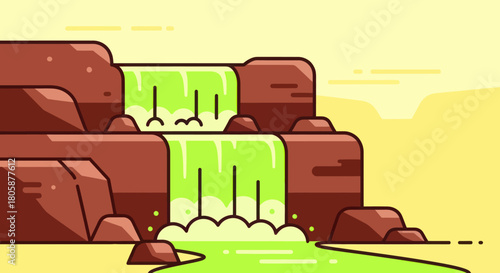 Stylized vector illustration of a green waterfall cascading over rocky cliffs.