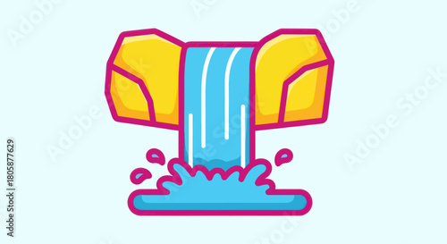 Stylized Waterfall Icon with Splashing Water and Rocky Outcrops.