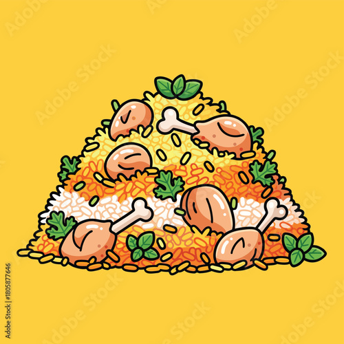 A vibrant cartoon illustration of a large, delicious pile of chicken biryani with rice, drumsticks, and fresh herbs on a bright yellow background.