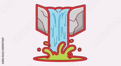 Stylized Waterfall Illustration with Craggy Rocks and Splashing Water.