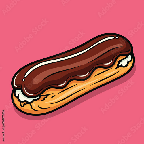 A cartoon illustration of a delicious eclair with rich chocolate frosting and creamy filling on a vibrant pink background.