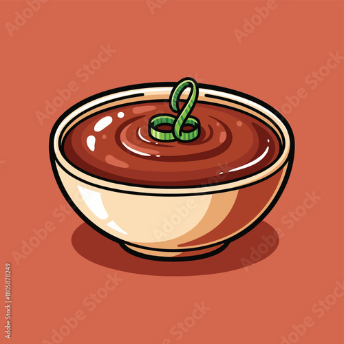 A cartoon illustration of a bowl of rich brown sauce or soup with a green onion garnish on a reddish background.