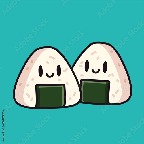 Cute cartoon onigiri rice balls with happy faces and nori seaweed on a teal background.
