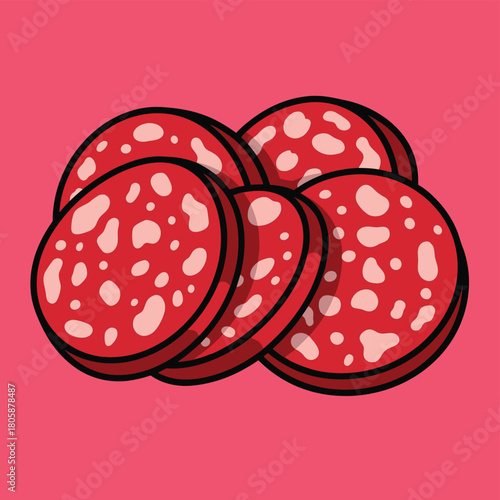 A close-up illustration of several round slices of red salami or pepperoni with white specks, stacked on a solid pink background.