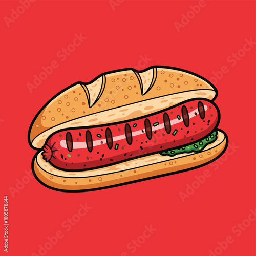 Cartoon illustration of a grilled hot dog in a bun with green garnish on a vibrant red background.