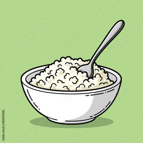 A cartoon illustration of a white bowl filled with cottage cheese and a silver spoon, set against a light green background.