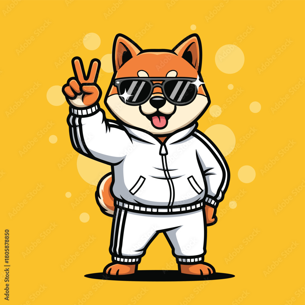 Naklejka premium Cool Shiba Inu dog cartoon wearing sunglasses and a white tracksuit, making a peace sign on a yellow background.