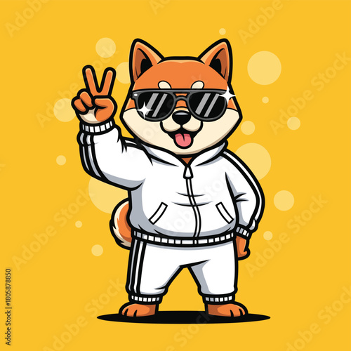 Cool Shiba Inu dog cartoon wearing sunglasses and a white tracksuit, making a peace sign on a yellow background.