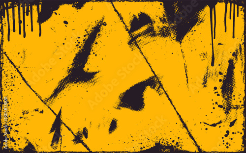 Yellow black punk grunge background with paint splatters and drips. Folded paper texture.