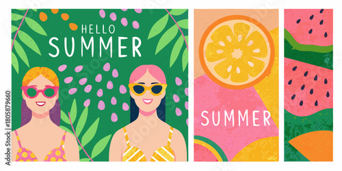 Happy summer greetings with tropical leaves and fruit illustrations