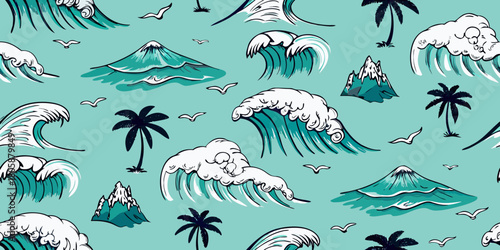 Seamless pattern of stylized ocean waves tropical palm trees and snow capped mountains under a clear sky with seagulls