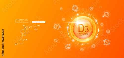 Synthetic natural vitamin D3 in hexagonal dome orange. Surrounded by fruit, vegetable, syringe, pills and IV bag icons. Chemical structure of Cholecalciferol. Medical scientific concepts. Vector.
