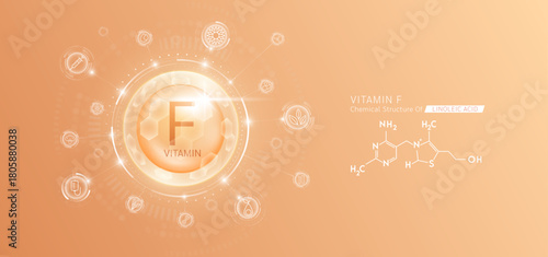 Synthetic natural vitamin F in hexagonal dome orange. Surrounded by fruit, vegetable, syringe, pills and IV bag icons. Chemical structure of Linoleic Acid. Medical scientific concepts. Vector.