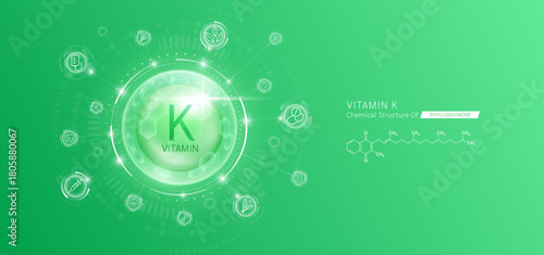 Synthetic natural vitamin K in hexagonal dome green. Surrounded by fruit, vegetable, syringe, pills and IV bag icons. Chemical structure of Phylloquinone. Medical scientific concepts. Vector.