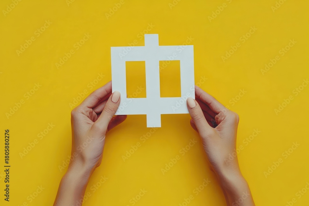 Fototapeta premium two hands with light manicure holding a white paper cutout symbol on a bright yellow background, cheerful minimalist composition