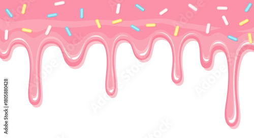 Glossy pink strawberry icing drips down with colorful sprinkles in this sweet cartoon vector border design on a white background