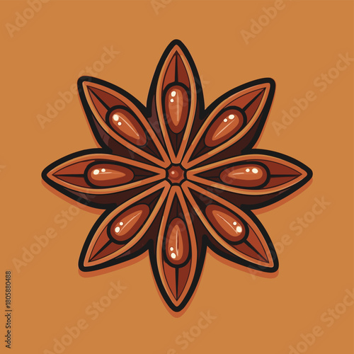 A stylized vector illustration of a single star anise pod with its characteristic star shape and visible seeds, set against a warm brown background.