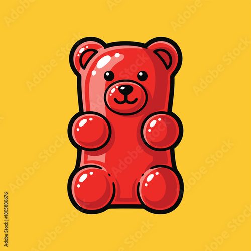 A vibrant red gummy bear candy with a glossy finish and black outlines, set against a bright yellow background.