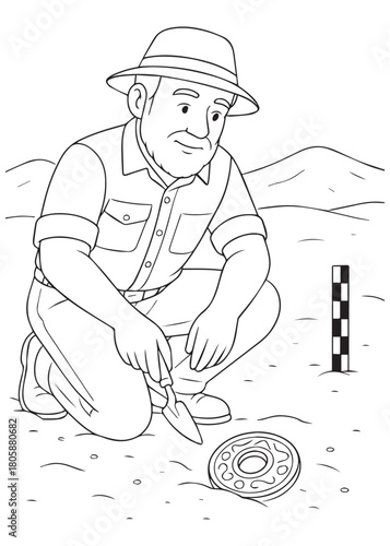 Coloring book Archaeologist dad kneels and uncovers a round artifact using tools at dusty excavation ground