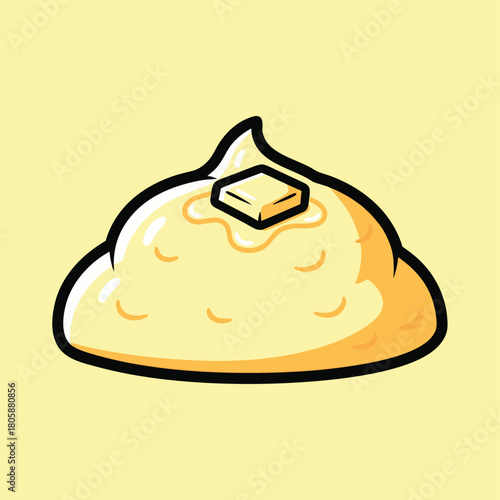 A cartoon illustration of a mound of mashed potatoes with melting butter on a light yellow background.