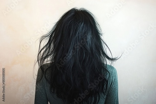Rear view of an unidentified person with long tousled dark hair and grey highlights against a pale wall, conveying solitude and quiet melancholy