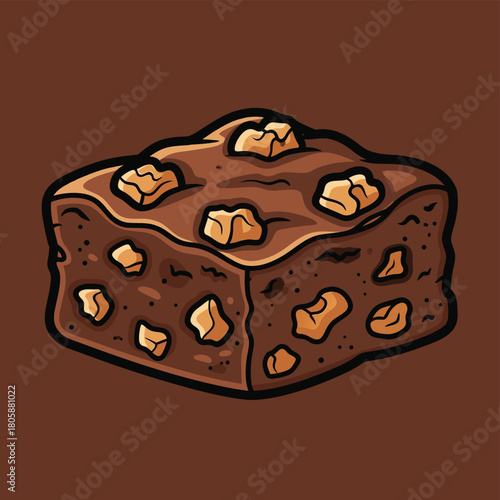 A delicious cartoon illustration of a rich chocolate brownie with nuts on a dark brown background.