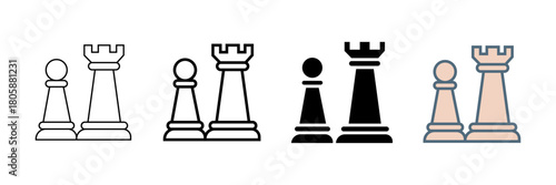 Set of minimalist chess pieces icons with transparent background, depicting pawns and rooks for strategy games, board designs, and competition, vector illustration