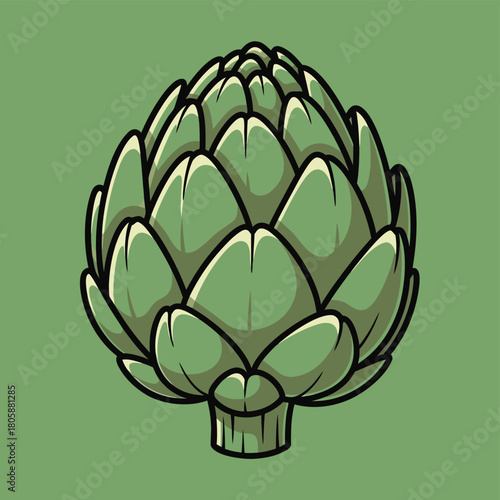 A stylized illustration of a fresh green artichoke with a dark outline on a solid green background.