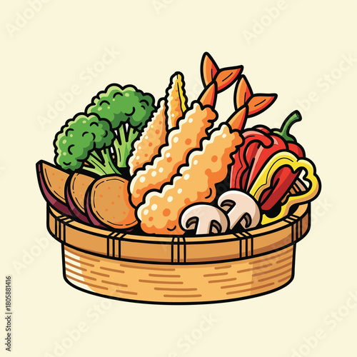 A colorful illustration of a wooden basket filled with Japanese tempura shrimp, broccoli, sweet potato, mushrooms, and bell peppers.