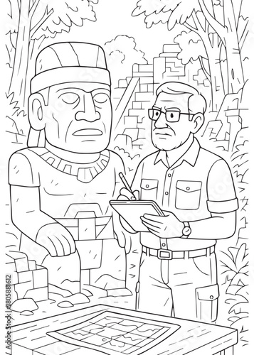 Coloring book Archaeologist dad stands near a large ancient statue taking notes among jungle ruins