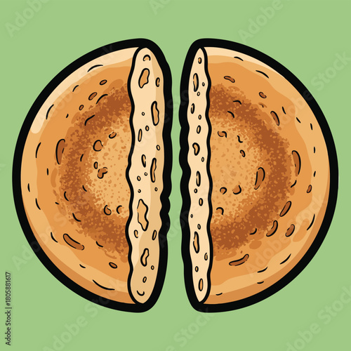Cartoon illustration of a round, light brown bread, cut in half, revealing its porous texture, set against a solid green background.