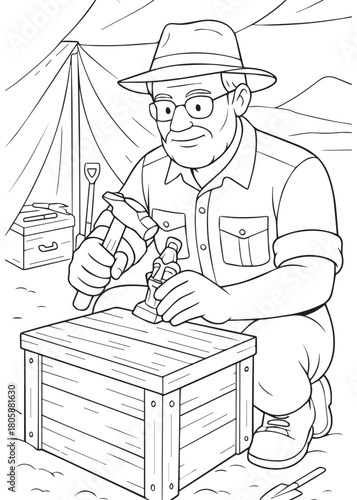 Coloring book Archaeologist dad sits beside a wooden crate cleaning a small artifact with tools