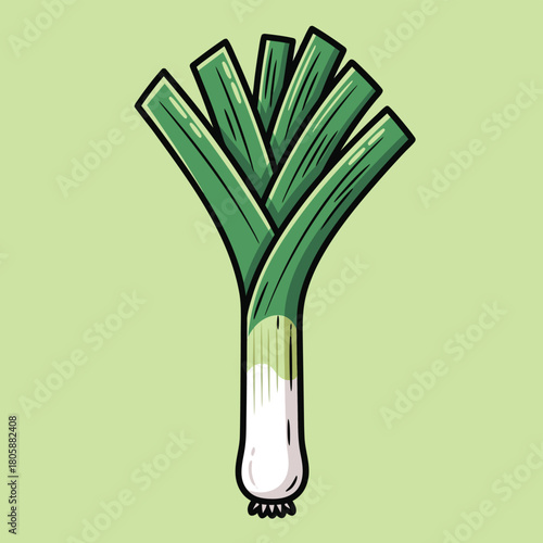 A cartoon illustration of a fresh green leek with a white base on a light green background.