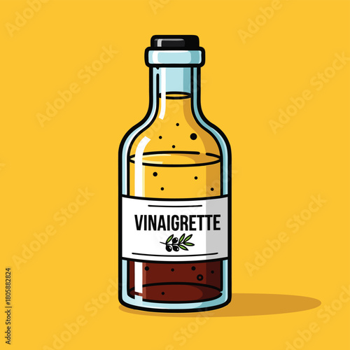A cartoon illustration of a clear glass bottle filled with layered vinaigrette dressing, featuring a white label on a yellow background.