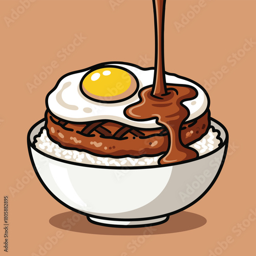 Cartoon illustration of a Loco Moco dish with rice, hamburger patty, fried egg, and gravy being poured.