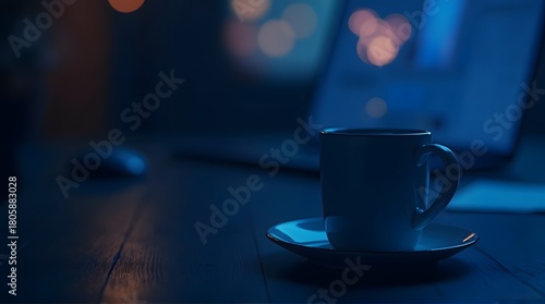 Serene Evening: Coffee Cup and Laptop in Moody Blue Light