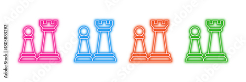 Neon glowing chess pieces vector icons set, strategy, board game, competition, victory, luminous digital design on transparent background.