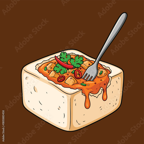 A cartoon illustration of a traditional South African Bunny Chow, featuring a hollowed bread loaf filled with spicy curry, garnished with cilantro and chili, with a fork.