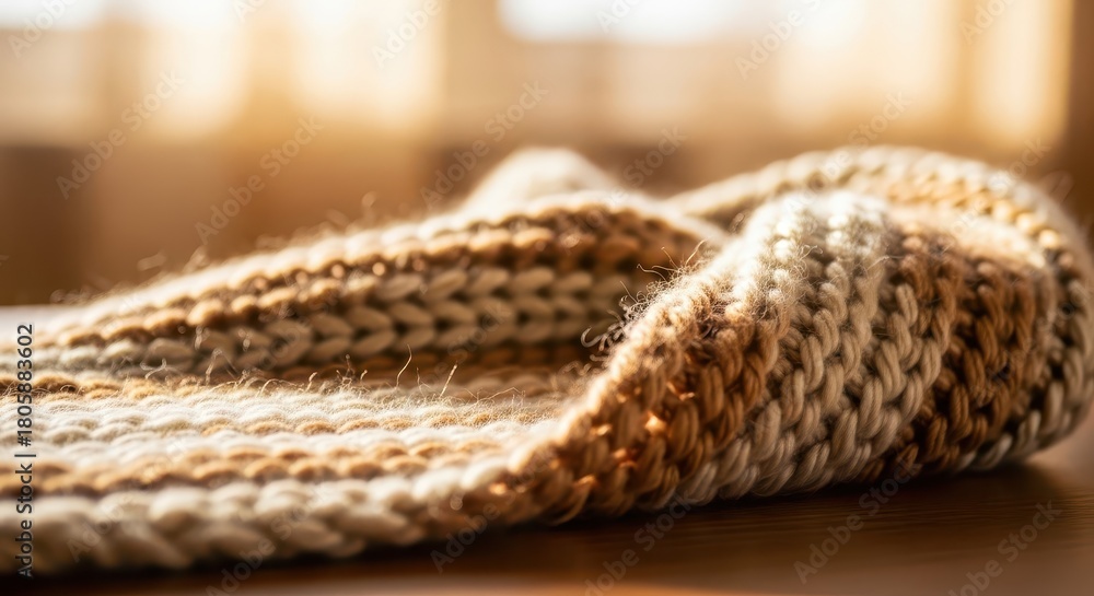 Fototapeta premium Knitted textile featuring alternating bands of brown and cream fibers rests upon a surface bathed in soft sunlight.