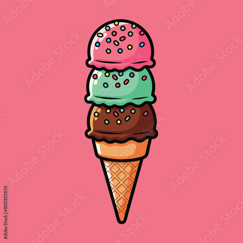 Foto A vibrant cartoon illustration of a triple-scoop ice cream cone with colorful sprinkles on a pink background