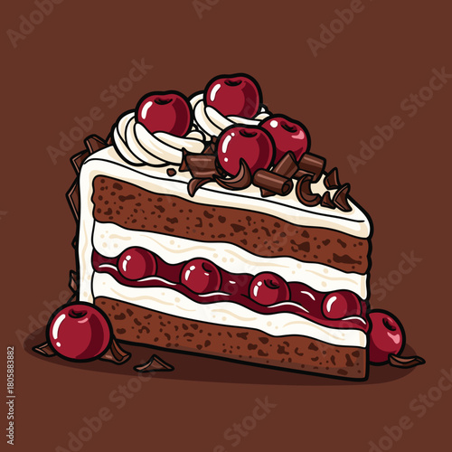 A delicious slice of Black Forest cake with chocolate layers, white cream, fresh cherries, and chocolate shavings on a brown background.