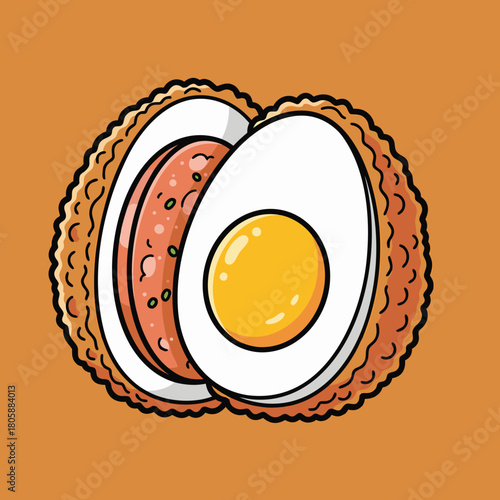 A cartoon illustration of a Scotch egg cut in half, revealing the hard-boiled egg yolk and white, surrounded by sausage meat and a crispy breadcrumb coating.