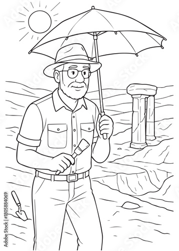 Coloring book archaeologist dad exploring ruins with umbrella