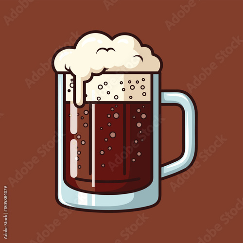 A cartoon illustration of a dark beer mug with a thick layer of white foam on a brown background.