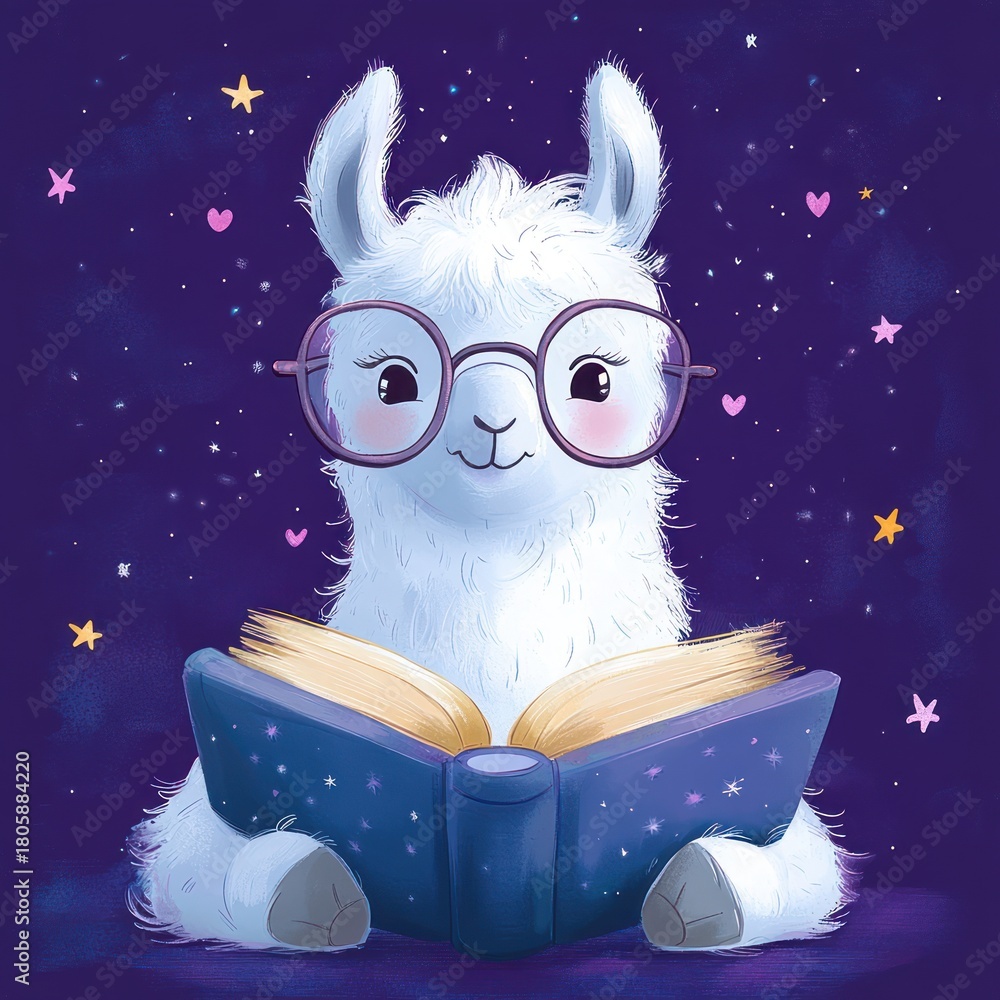 Obraz premium Fluffy white alpaca wearing round glasses reading an open book beneath a starry night sky with tiny hearts and a cozy dreamy expression