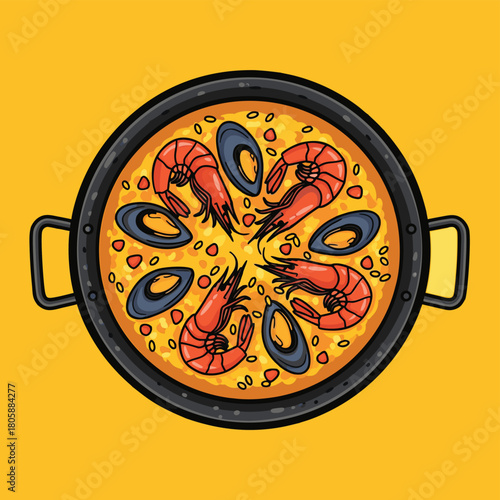 A vibrant cartoon illustration of a delicious seafood paella with shrimp and mussels in a traditional black pan on a yellow background.