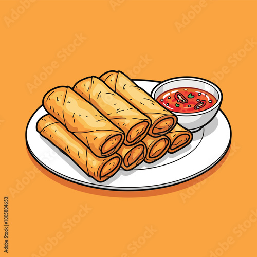 A plate of golden-brown crispy spring rolls with a side of red chili dipping sauce, presented on a white plate against an orange background.